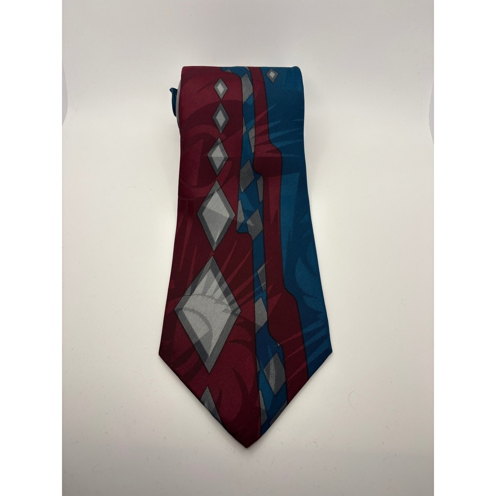 Editions by Van Heusen Mens Geometric Diamond Silk Blend Tie Burgundy Teal Gray - Picture 2 of 5
